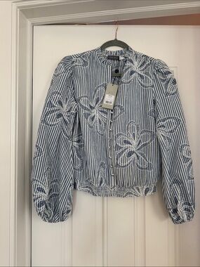 Mint valley blue, and white striped embroidered blouse